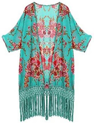 GoldenTanker Womens Bikini Sexy Swimwear Kaften Floral Kimono Chiffon Beach Cover-up