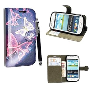 SAMSUNG GALAXY S3 III MINI i8190 ULTRA BUTTERFLY BLUE BOOK FLIP CARD POCKET HOLDER PU LEATHER MAGNETIC FLIP CASE COVER POUCH + FREE STYLUS