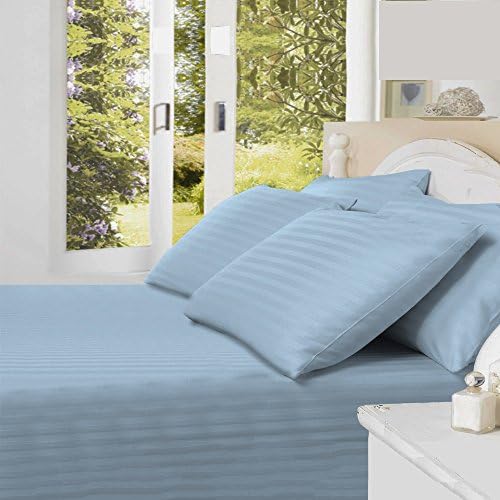 EXTRAVAGANT COLLECTION-4 Piece ATTACHED with Fitted Sheet WATERBED Sheet Set 300 Thread Count 15" Deep Pocket Super Single 100% Egyptian Cotton Lt.blue Stripe by Polirias Bedding