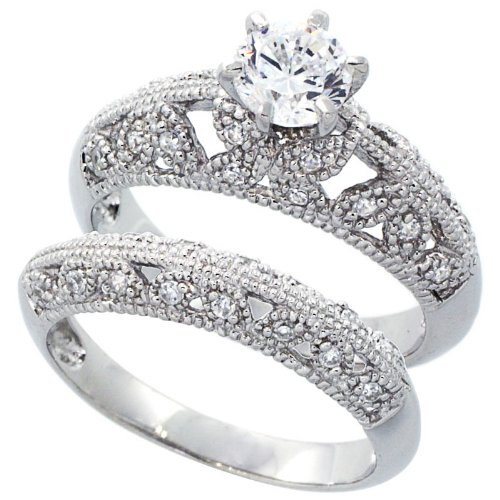 14K White Gold Rhodium Plated Sterling Silver Wedding & Engagement Ring Vintage Style 2Pc Engagement Ring Set For Women 10MM ( Size 6 to 9) Cheap