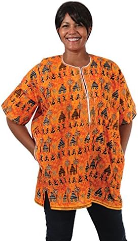 African Print Unisex Print Dashiki, Made in the Gambia, Many Colors, One Size (Orange Villagers)