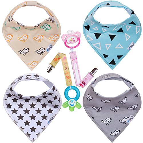 4 Pack Stylish Baby Bandana Drool Bibs With 2 FREE Pacifier Clips, Ultra Absorbent, Ultra Soft, Organic Cotton with Snaps, The Perfect Baby Gift Set for Boys & Girls, by Chicky Joy