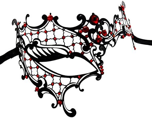 1Bay Women's Big Lash Filigree Venetian Masquerade Mask With Red Rhinestones Black