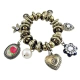 Victorian Bracelet Heart  Pearl Charms Bronze Stretch Elastic