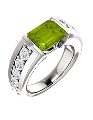 18K White Gold 9.00x7.00mm Emerald Cut Peridot and Diamond Ring -- LIFETIME WARRANTY