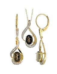 14k Gold Dangle Earrings (19mm tall) & 18 in. Pendant-Necklace Set, w/ 0.20 Carat Brilliant Cut Diamonds & 3.64 Carats Oval Cut (7x5mm) Smoky Topaz Stones