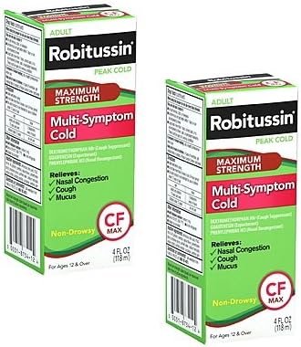 Adult Robitussin Peak Cold Maximum Strength Multi-symptom Cold Non Drowsy Cf MAX Fast Pain Reliever Fever Reducer for Cough Nasal Congestion and Mucus Ages 12 & Over - 2 Pack of 4 Oz Per Bottle - Tj9