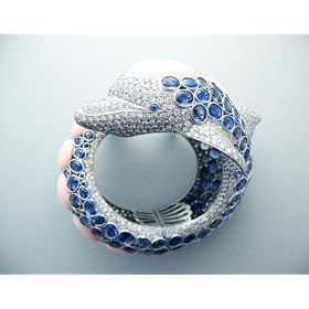18k White Gold Sapphire, Diamond and Coral Dolphin Bracelet by Almaz