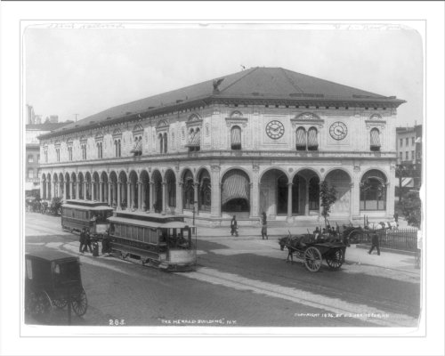 Historic Print (M): [New York (City) - The Herald Building, exterior, carts and trolleys in street]