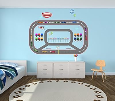 Sports Cars on a Race Track, Fabric Decal, Trucks, and Flagger . Fun Racing Track set for your Kids. Removable, Fabric, Repositionable