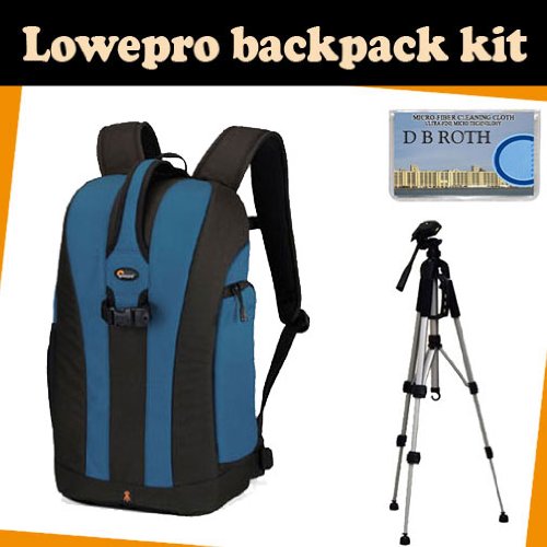 LowePro Backpack kit which includes the Lowepro Flipside 300 Backpack (Blue) + TR-60N Camera Tripod + DB ROTH Micro Fiber Cloth.