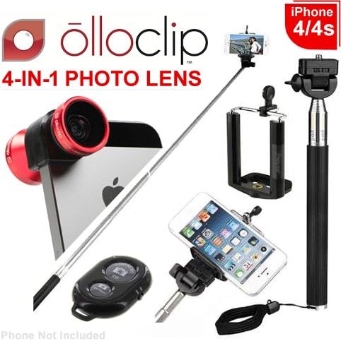 olloclip 4-in-1 Lens Solution for for iPhone 4/4s - Red Lens with Black Clip - Retail Packaging (OCEU-IPH4-FW2M-RB) &amp; Noot Extendable Selfie Stick + Bluetooth Wireless Remote Bundle