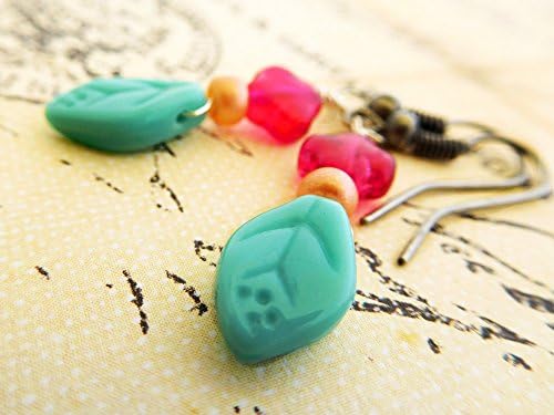 turquoise and pink vintage style bohemian dangle earrings beaded drop earrings wire wrapped antique silver turquoise hand made earrings