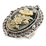 Vintage Floral Crystal Cameo Ring (Burnished Silver)