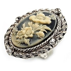 Vintage Floral Crystal Cameo Ring (Burnished Silver)