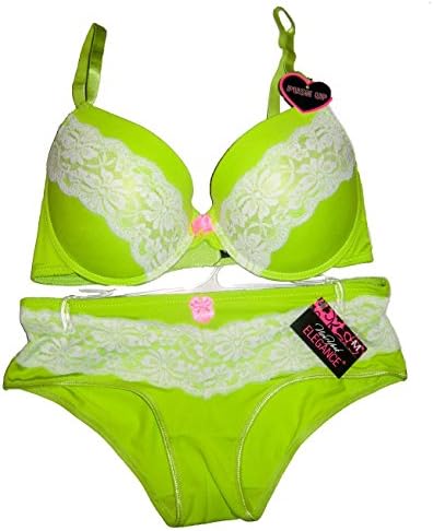 NYE Sexy Plus Size Leopard and Lace Push-up Bra & Bikini Set (36C, Deville Lace Shocking Neon Color Bra and Bikini Set Neon Green)