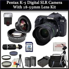 Pentax K-5 Digital SLR Camera With 18-55mm Zoom Lens Kit. Includes: Wide Angle & Telephoto Lenses, 3 Piece Filter Kit, 32GB Memory Card + Card Reader, 2 Extended Life Replacement Batteries + Charger & Much More..!