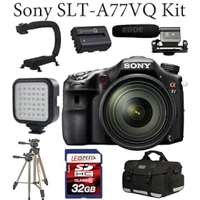 Sony A77 Alpha SLT-A77 SLT-A77VQ 24.3 MP Translucent Mirror Digital SLR With 16-50mm F2.8 lens + Rode VideoMic + LED-36 Compact Video Light + Action Stabilizing ForeGrip Handle + Spare NPFM500H Battery Pack + Gadget Bag + 32GB Memory Card + Tripod + Card Reader + Cleaning Kit + UV Filter