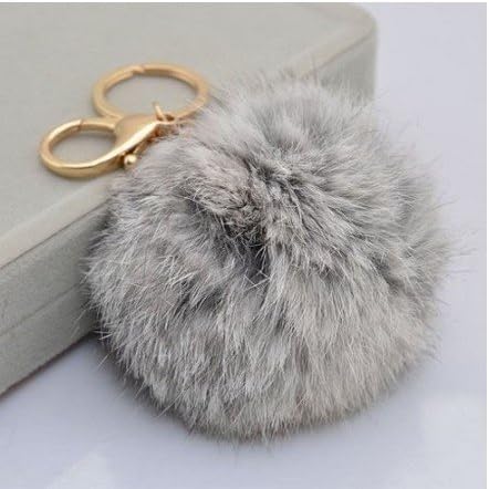 Genuine Rabbit Fur Key Chain for 18 K Gold Plated Novelty Keychain with Fur Key Chain for Car Key Ring Bag Purse Charm Keychain with Plush Cute (GRAY)