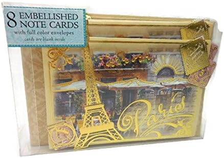 Cafe Eiffel Tower Paris Gold Embellished Note Cards Set of 8