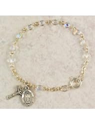 Sterling Silver 4mm Bead Crystal Baby Bracelet, Infant Jewlery, Girls Rosary Bracelet, Crucifix Cross & St. Mary Miraculous Medal Charms
