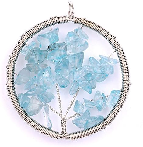 TGS Gems® Fine Alloy Plated Round Tree Of Life with Gravel Charm Pendant Healing For Reiki DIY Necklace Aquamarine GC512