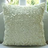 Ivory Elegance - 14x14 Inches Decorative Pillow Covers - Silk Pillow Cover Embroidered with Satin Ribbons