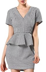 V-neck Houndstooth Print Peplum Cutout Wrap Short Sleeves Above the Knee Polyester Mini Dress 