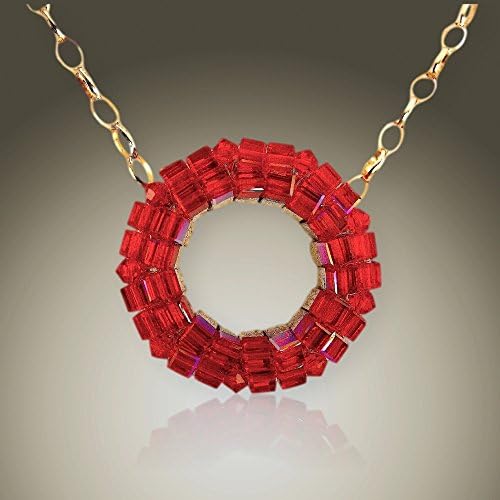 16 Inch Silver Necklace- Silver and Ruby Color Crystal Pendant- Crystal Circle with Sterling Silver Rolo Chain