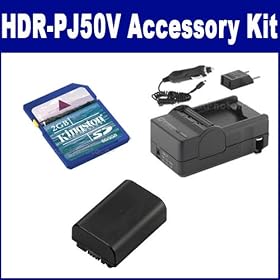 Sony HDR-PJ50V Camcorder Accessory Kit includes: SDM-109 Charger, KSD2GB Memory Card, SDNPFV50NEW Battery