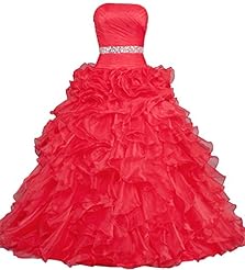 Strapless Organza 2015 Belted  Pleated Crystal   Ball Gown Evening Dress/Prom Dress  With a Sash  and Ruffles