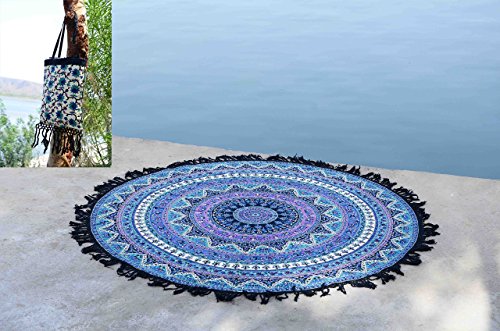 Tassel Fringe Roundie Mandala Beach Throw, Round Mandala Beach Sheet, Tassel Fringing Mandala, Meditation Yoga Mat with Beautiful Carry Bag
