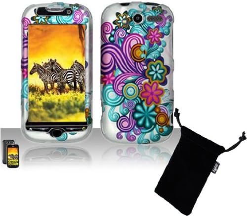 Pink Blue Flower Purple Wave Design Rubberized Snap on Hard Cover Protector Faceplate Cell Phone Case for T-Mobile HTC myTouch 4G 2010 Smartphone + LCD Screen Guard Film (Free iTuffy Flannel Bag)