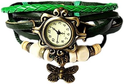 Boho Chic Vintage Inspired Bracelet Leather Rope Watch with Butterfly (Green)
