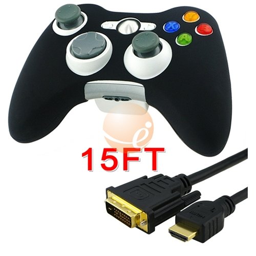 Black Silicone Skin Case for Microsoft xBox 360 Controller + BLACK HDMI to DVI Cable 5Gbps M/M, 15 FT / 4.5 M