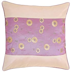 Decorative Handmade Cushion Cover / Pillow Sham With Gold Floral Design - Two Tone Purple & Beige
