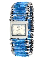Womens Blue Beads Fancy Safety Pin Stretch Elastic Bracelet Watch