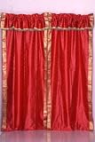 Pair Fire Brick sari curtains with attached beaded valance