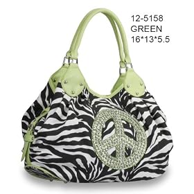Women Handbag Purses Zebra Print Fashion New Design Hobo Tote Bag with Rhinestone Peace Sign Green Trim