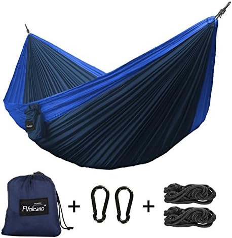 Double Camping Hammock, Fvolcano Premium Outdoor Hammock Ultralight Compact Parachute Nylon w/ Solid Steel Carabiners, Nautical-Grade Rope for Backpacking, Beach, Backyard, Travel, Adventures - Blue