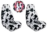 5 Piece Universal fit White Black Cow Print Front Bucket Seat Cover, Steering Wheel Cover and Shoulder Harness Seat Belt Covers