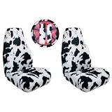 5 Piece Universal fit White Black Cow Print Front Bucket Seat Cover, Steering Wheel Cover and Shoulder Harness Seat Belt Covers