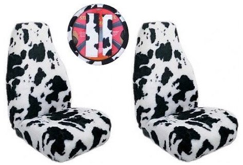 5 Piece Universal fit White Black Cow Print Front Bucket Seat Cover, Steering Wheel Cover and Shoulder Harness Seat Belt Covers