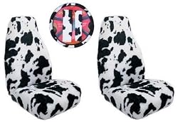 5 Piece Universal fit White Black Cow Print Front Bucket Seat Cover, Steering Wheel Cover and Shoulder Harness Seat Belt Covers