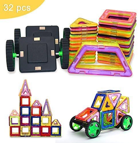 MagicKIDS Magnetic Building Blocks,Stacking Set Versatility Vehicle Kit Starter Inspire Kit, Preschool Skills Educational Game Construction - Great Gift for Kids (32pc rainbow1)