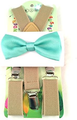 Kids Baby Suspender and Bowtie Combo Set Boys Girls Toddler Tan & Teal