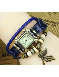 KANO BAK(TM) Vintage Wrap Around Press Button Leather Retro Weave Wrap Quartz Bracelet Woman Unisex Angel Gift Watch Blue