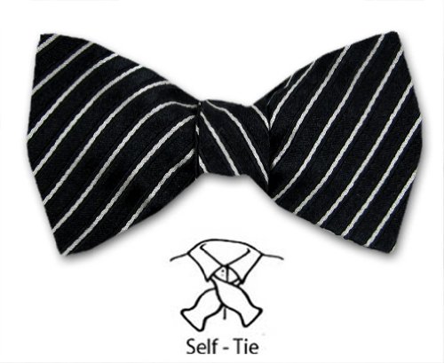 Mens - Black - Silver - Fashion Striped Self Tie Bowtie