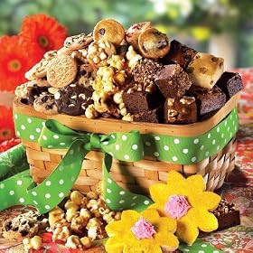 Mrs. Fields - Basket Bonanza Hand-woven Basket with Cookies Brownies Muffins Frosted Butter Cookies, and Sweet-n-crunchy Butter-toffee Popcorn Clusters with Mixed Nuts.