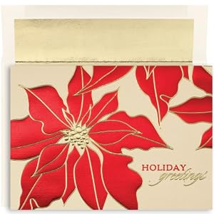 Red Poinsettia On Gold Christmas Cards -